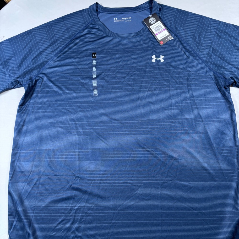 Under Armour HeatGear T-Shirt Mens XXL Blue Striped Short Sleeve 1264254 Gym New